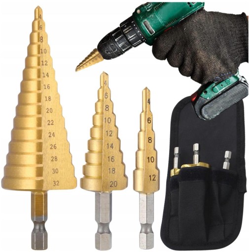 Stupňovité vrtáky, 3 ks, oceľ, sada, kužeľové, 4-32 mm, na drevo, plech