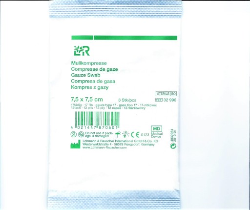 L&R - Gázový obklad 7,5x7,5cm 3ks 17n12w sterilný