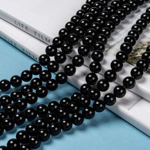 Prírodné čierne obsidiánové korálky, okrúhle, 8 mm, 45ks/36cm/prameň