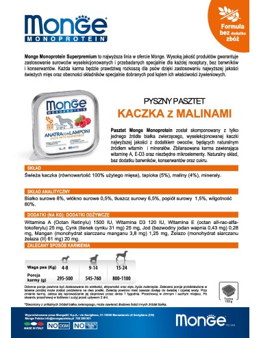 MONGE DOF FRUIT M KAČKA S MALINAMI 150g