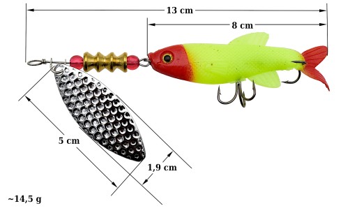 Plechová lyžica Spinner 14,5g / 13cm gumená návnada na ryby