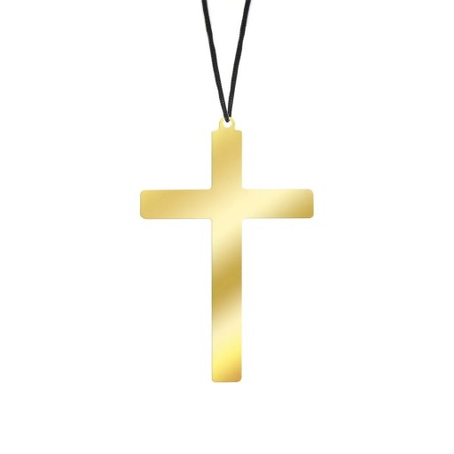 Zlatý krížový náhrdelník na čiernej kovovej šnúrke