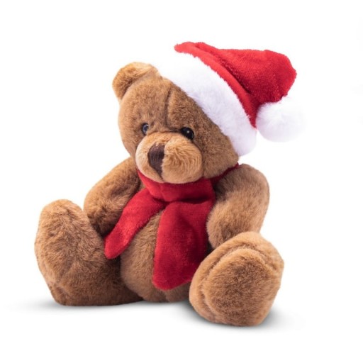 MASKOT MEDVEĎ SANTA Hnedé Vianoce v čiapke a šatke Plyšová hračka