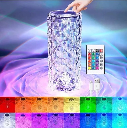 KRYŠTÁLOVÁ STOLNÁ LAMPA DOTYKOVÁ SPÁLŇA RGB DIAMANTOVÁ LED + DIAĽKOVÉ OVLÁDANIE