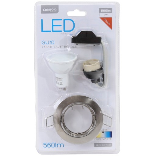 Nikel + držiak LED žiarovky, nastaviteľná LED GU10 7W 560lm studená biela + pätica GU10