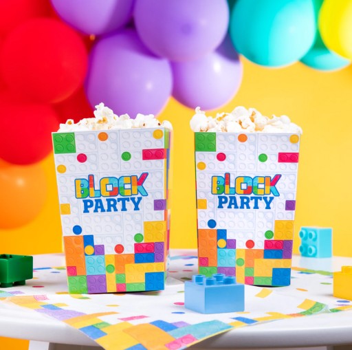 Boxy Stavebné kocky vedierko na POPCORN Snacks Sladkosti Birthday Party 6 ks.