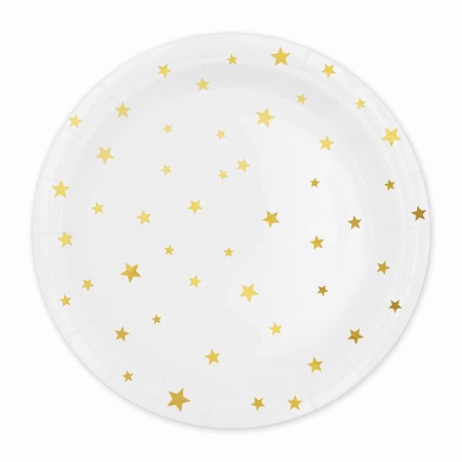 BIELE papierové taniere so zlatými hviezdičkami, 18 cm, 6 ks, na narodeniny