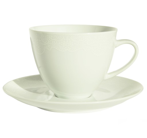 Veľká biela porcelánová šálka s podšálkou 450 ml čipka Romance 1078