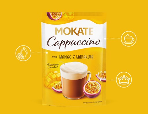 Kávový nápoj Káva Cappuccino Mango Mučenka s penou bez espresso kávovaru Mokate