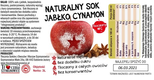 100% JABLKO ŠKORICA šťava SO ŠKORICOU lisovanou 3L