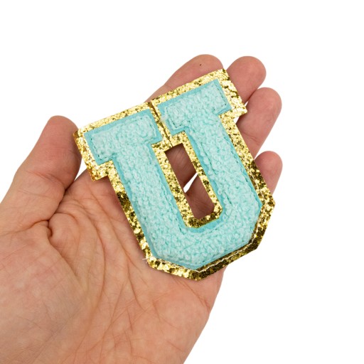 PATCH LETTER U, veľká aplikácia Font cyan glitter