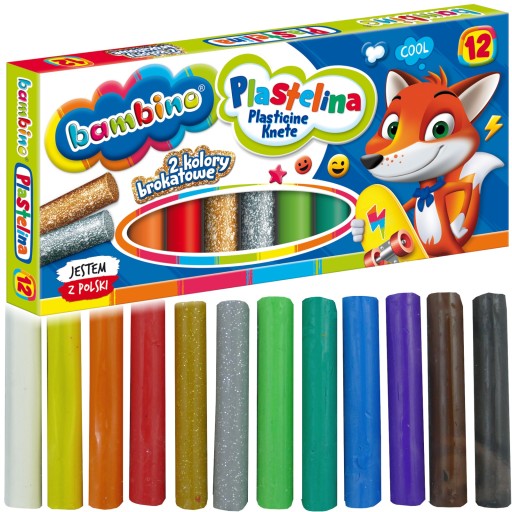Bambino SCHOOL PLASTICINE 12 col x15g vrátane 2 trblietok: ZLATÁ, STRIEBORNÁ