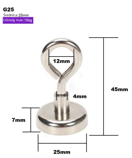 MAGNETICKÝ DRŽIAK SILNÝ NEODYMIOVÝ MAGNET S UCHOM Ø25 mm 15kg