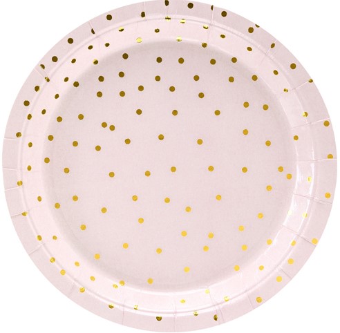 RUŽOVÉ papierové taniere so zlatými bodkami 18 cm x6 narodeninové jednoročné bodky