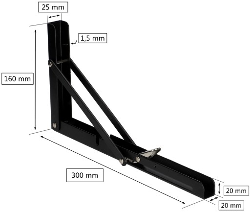 SKLADACÍ UHLOVÝ DRŽÁK POD POLICU 300 mm 30 kg ČIERNA SKLADAČNÁ POLICA