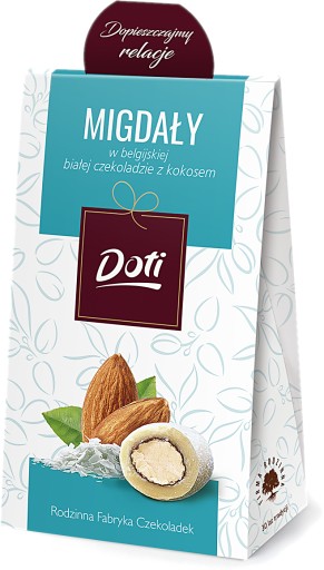 Mandle v bielej čokoláde s kokosom Premium Doti Elegantné vrecúško 100 g