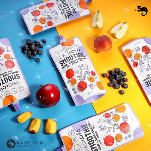 OWOLOVO SMOOTHIE ovocná pena bez cukru APPLE BLUEBERRY PEACH 250ml