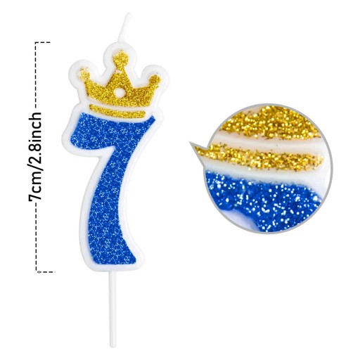 Trblietavá narodeninová SVIEČKA s korunkou trblietka CROWN MODRÉ ČÍSLO 7