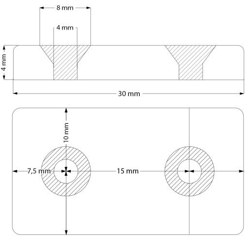 NEODYMOVÝ MAGNET NA SKRUTKU 30x20x4 S OTVOROM 8/4 + SKRUTKY