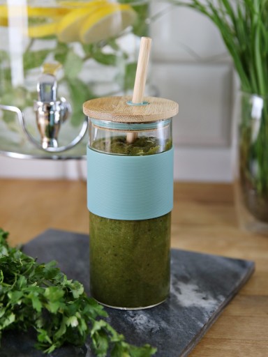 SKLENENÁ fľaša, pohár SMOOTHIE, 400 ml, so slamkou
