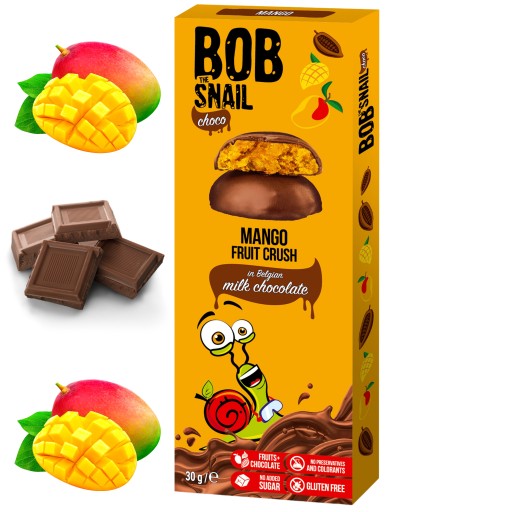 Mangový snack v mliečnej čokoláde BOB SNAIL 30g. čokoláda