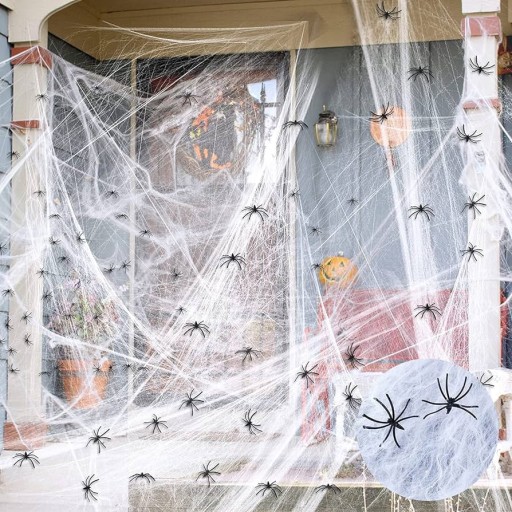 Umelá pavučina biela s 12 pavúkmi Pavúky na Halloween 60g