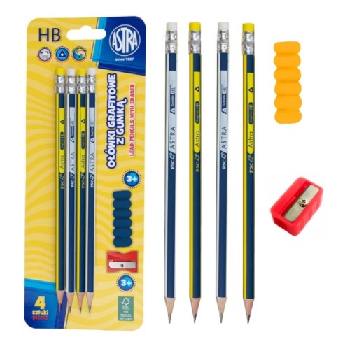 4 ks TROJUHOLNÍKOVÁ HB GRAFITOVÁ ceruzka S GUMA, BRÚTKO + ASTRA ČIAPKA