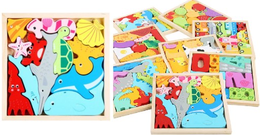 DREVENÉ BLOKY PUZZLE VZORY PUZZLE MONTESSORI