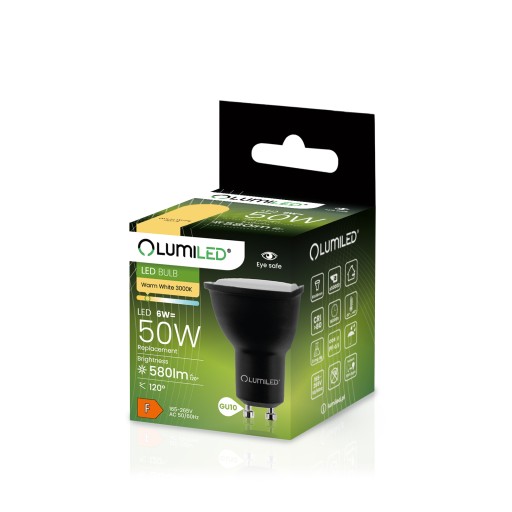 LED žiarovka GU10 6W = 50W 580lm 3000K TEPLÁ ČIERNA 120° PREMIUM LUMILED