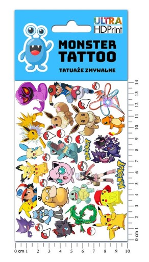 UMÝVAJÚCE DOČASNÉ TETOVANIE PRE DETI DETSKÉ POKEMONY ORIGINÁLNE DIZAJNY