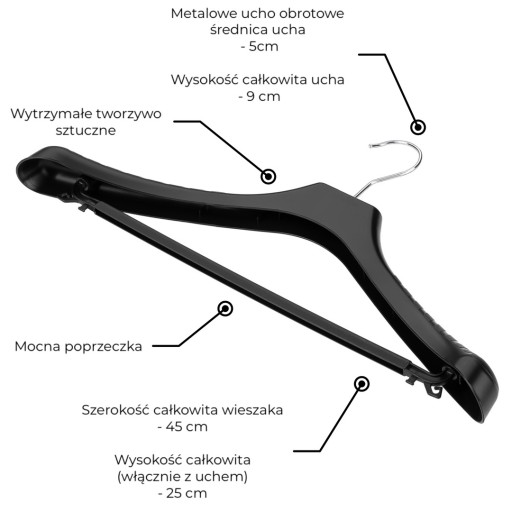 Závesný vešiak s priečkou na bundy a kabáty 45 cm - sada 5 kusov