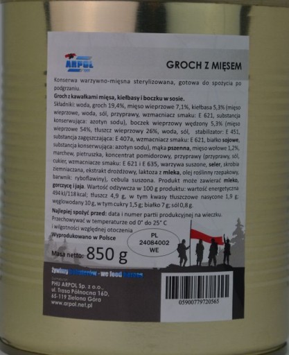 Hrášok s mäsom 850g armádny Arpol v konzerve