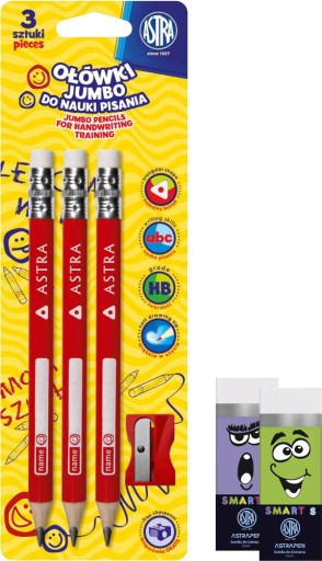 Ceruzka na učenie písania Astra Jumbo HB 3 ks + strúhadlo + 2 x Astra guma