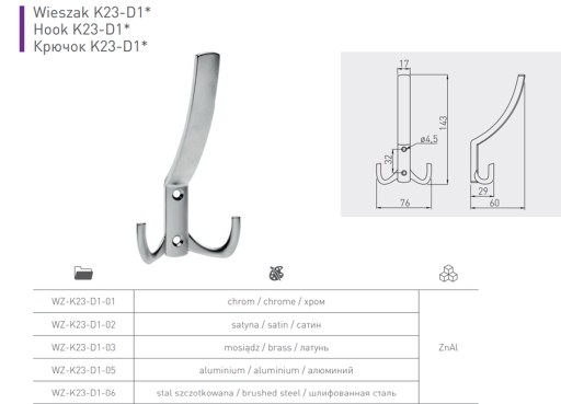 VEŠIAK NA NÁBYTOK HLADKÝ INOX CH-08, TROJBOD