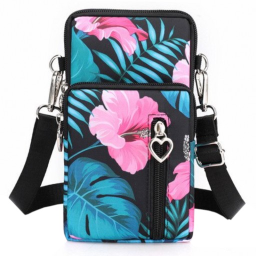 MINI kabelka v LIST na telefón Peňaženka Black Flowers Pink Monstera