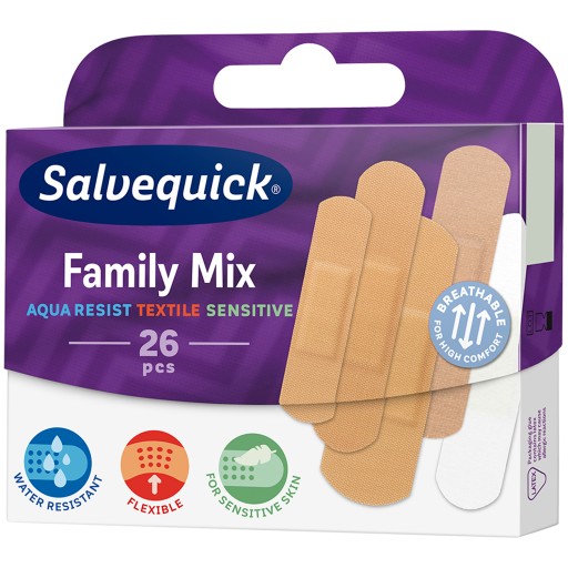 2x náplasti SALVEQUICK FAMILY MIX flexibilné VODEODOLNÉ mix veľkosti 26 ks
