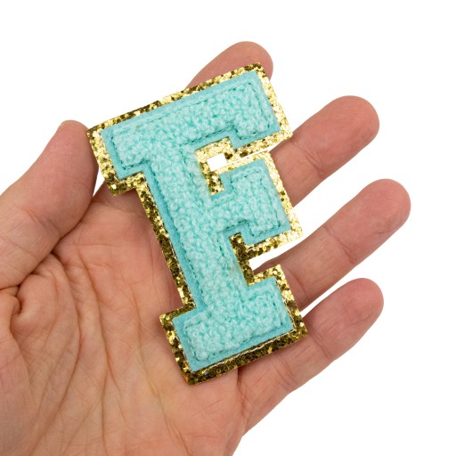 PATCH LETTER F, trblietky, modrá, azúrová