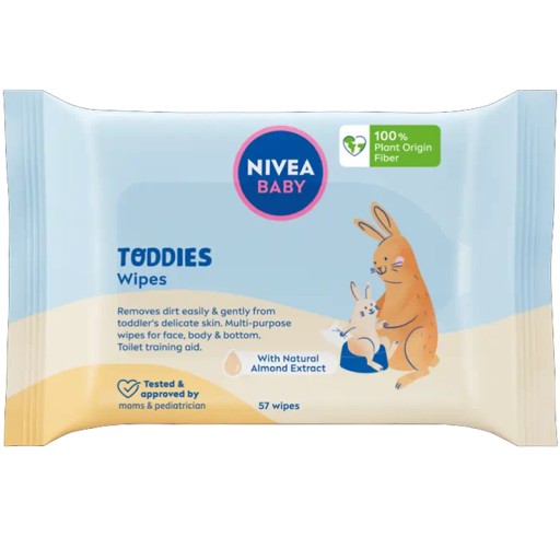 NIVEA BABY TODDIES BIOLOGICKY ROZLOŽITEĽNÉ VLHČENÉ UBROÚŠKY PRE BOJČATÁ 57 KS
