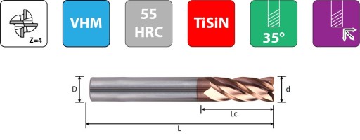 Tvrdokovová fréza VHM Fi4mm 4-britová 55HRC TiSiN