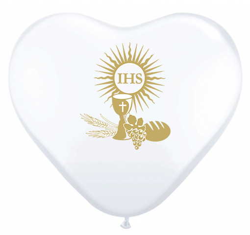 Prijímanie Balón SRDCE Biele so zlatou potlačou IHS Communion COMMUNION