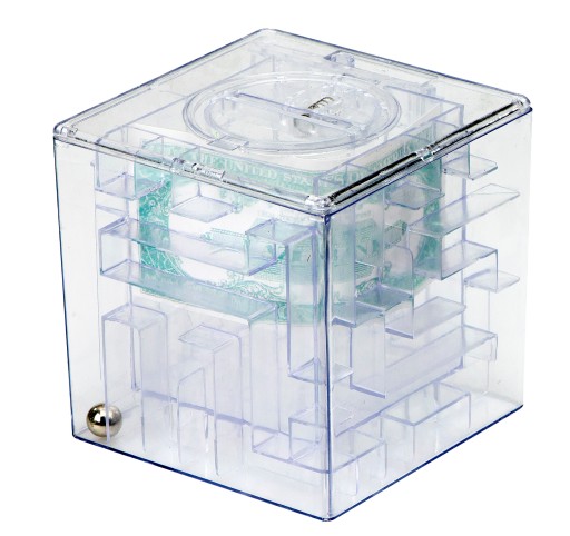 ORIGINÁLNA KRABIČKA NA PRASIATKO LABYRINT, TRANSPARENTNÁ, 10 CM