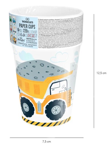 Papierové poháre CARS FIRE EXCAVATOR JEEP 220ml 6ks + poplatok za SUP