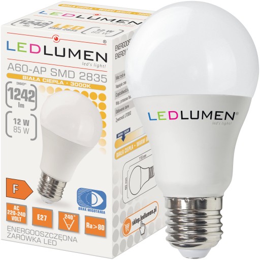 E27 A60 LED žiarovka 12W=85W SMD 1242lm 240° Úspora energie Bez blikania