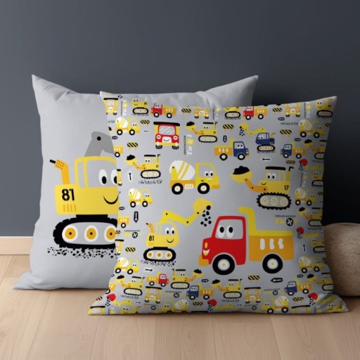 bavlna PLÁŠŤ NA VANKÚŠ STAVEBNÉ STROJE 40x40 cm MESTSKÉ STAVEBNÉ RÝPADLO