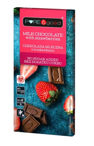 MLIEČNA ČOKOLÁDA S JAHODAMI BEZ PRIDANÉHO CUKRU, BEZLEPKOVÁ 75 g - P
