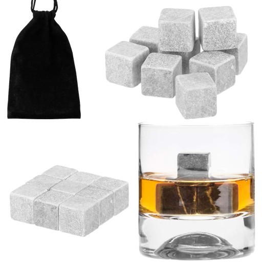 CHLADIACI KAMEŇ NÁPOJOVÝ KOCK NA WHISKY SADA 9 ks, ŽULOVÉ VRECKO