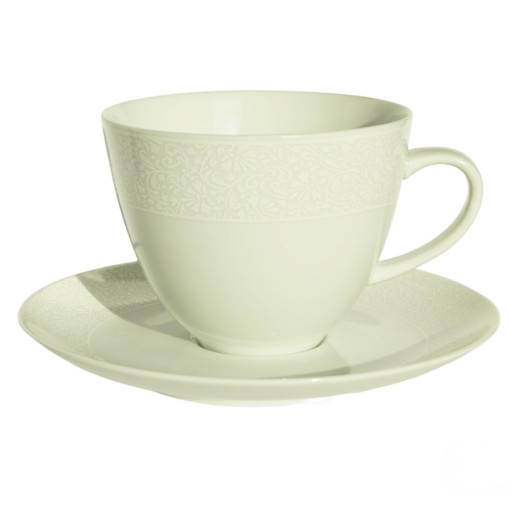 Veľká biela porcelánová šálka s podšálkou 450 ml čipka Rina 1079