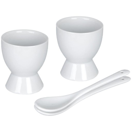 Porcelánové poháre na vajíčka s bielymi lyžičkami, sada 4 ks