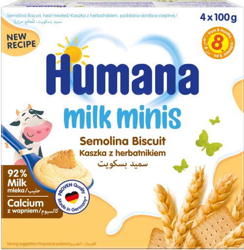 HUMANA MLIEČNY DEZERT PO 8 MESAČNÝCH PRIMENTÁCH SO PIŠKÉTMI 4x100G - NOVINKA