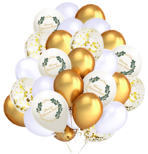 Set of Communion Balloons COMMUNION White Gold Confetti Boho Leaves Mix 30 ks.